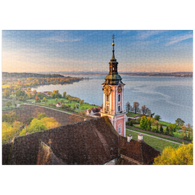 Darstellung des Puzzle Motivs Sonnenaufgang an der Wallfahrtskirche Birnau bei Unteruhldingen am Bodensee - Puzzleteile: 1000