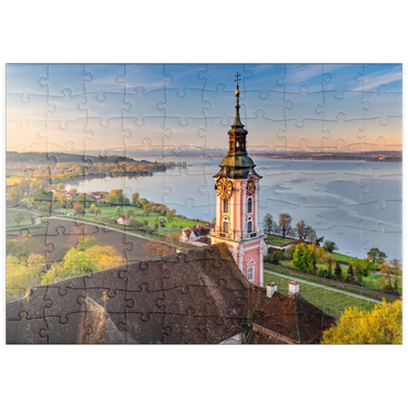 puzzleplate Sonnenaufgang an der Wallfahrtskirche Birnau bei Unteruhldingen am Bodensee im Frühling 100 Puzzle