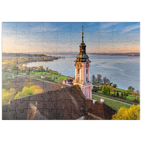 puzzleplate Sonnenaufgang an der Wallfahrtskirche Birnau bei Unteruhldingen am Bodensee im Frühling 100 Puzzle