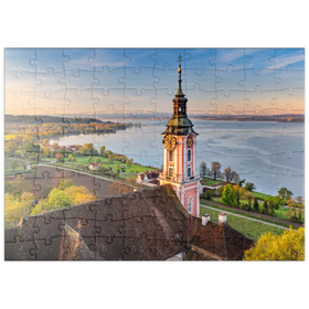 Darstellung des Puzzle Motivs Sonnenaufgang an der Wallfahrtskirche Birnau bei Unteruhldingen am Bodensee - Puzzleteile: 100