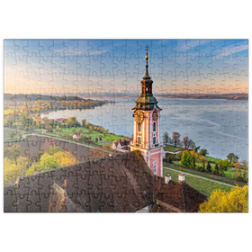 Darstellung des Puzzle Motivs Sonnenaufgang an der Wallfahrtskirche Birnau bei Unteruhldingen am Bodensee - Puzzleteile: 200