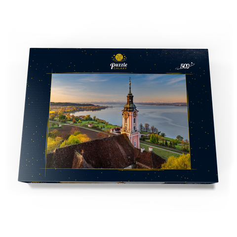 Sonnenaufgang an der Wallfahrtskirche Birnau bei Unteruhldingen am Bodensee im Frühling 500 Puzzle Schachtel Ansicht3