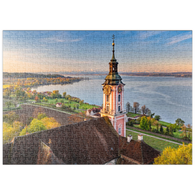 Darstellung des Puzzle Motivs Sonnenaufgang an der Wallfahrtskirche Birnau bei Unteruhldingen am Bodensee - Puzzleteile: 500