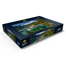 Darstellung des Puzzle Motivs Brücke über den Sylvensteinstausee bei Lenggries - Puzzleteile: 1000