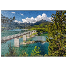 Darstellung des Puzzle Motivs Brücke über den Sylvensteinstausee bei Lenggries - Puzzleteile: 500