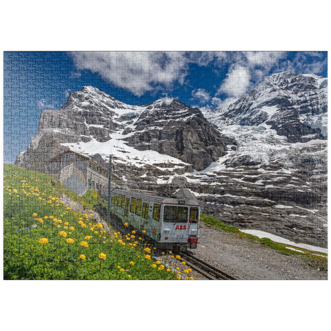 puzzleplate Jungfraubahn an der Station Eiger Gletscher (2320m) gegen Eiger (3970m) und Mönch (4107m) 1000 Puzzle