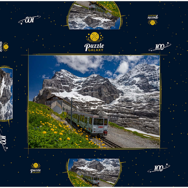 Jungfraubahn an der Station Eiger Gletscher (2320m) gegen Eiger (3970m) und Mönch (4107m) 100 Puzzle Schachtel 3D Modell