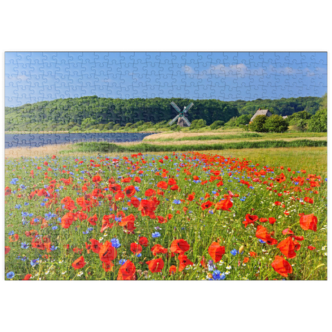 puzzleplate Mohnblumenfeld mit Blick zur Windmühle Charlotte in der Geltinger Birk, Geltinger Bucht 500 Puzzle