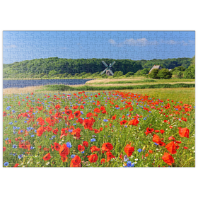 Darstellung des Puzzle Motivs Mohnblumenfeld mit Blick zur Windmühle Charlotte in der Geltinger Birk - Puzzleteile: 500