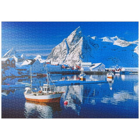 puzzleplate Sakrisoy Hafen bei Reine mit Olstinden (674m) 1000 Puzzle