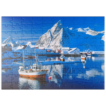 puzzleplate Sakrisoy Hafen bei Reine mit Olstinden (674m) 100 Puzzle