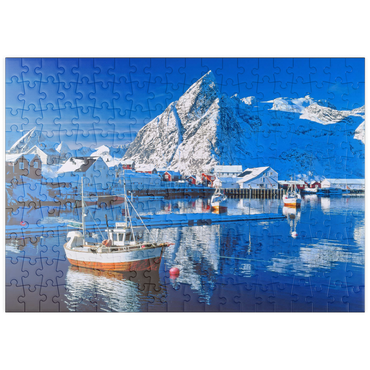 puzzleplate Sakrisoy Hafen bei Reine mit Olstinden (674m) 200 Puzzle