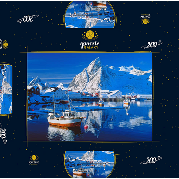 Sakrisoy Hafen bei Reine mit Olstinden (674m) 200 Puzzle Schachtel 3D Modell