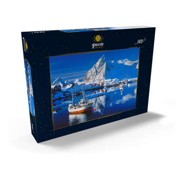 Sakrisoy Hafen bei Reine mit Olstinden (674m) 500 Puzzle Schachtel Ansicht2