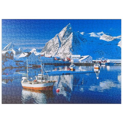 puzzleplate Sakrisoy Hafen bei Reine mit Olstinden (674m) 500 Puzzle