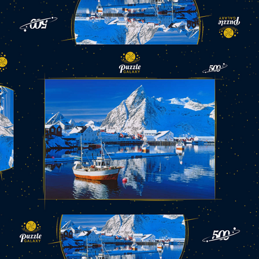 Sakrisoy Hafen bei Reine mit Olstinden (674m) 500 Puzzle Schachtel 3D Modell
