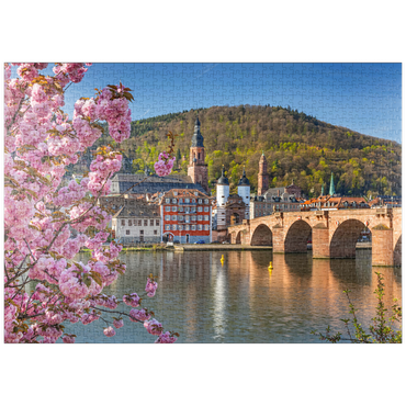 puzzleplate Japanische Zierkirsche am Neckarufer mit Blick zur Heidelberger Altstadt und Alte Brücke 1000 Puzzle
