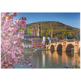 Darstellung des Puzzle Motivs Japanische Zierkirsche am Neckarufer mit Blick zur Heidelberger Altstadt - Puzzleteile: 1000
