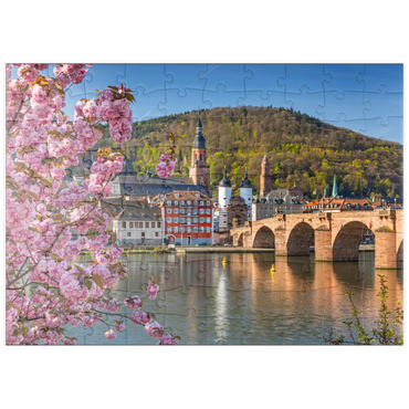 puzzleplate Japanische Zierkirsche am Neckarufer mit Blick zur Heidelberger Altstadt und Alte Brücke 100 Puzzle