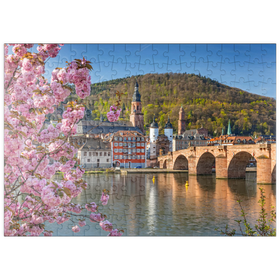 Darstellung des Puzzle Motivs Japanische Zierkirsche am Neckarufer mit Blick zur Heidelberger Altstadt - Puzzleteile: 200