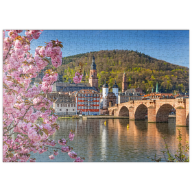 Darstellung des Puzzle Motivs Japanische Zierkirsche am Neckarufer mit Blick zur Heidelberger Altstadt - Puzzleteile: 500
