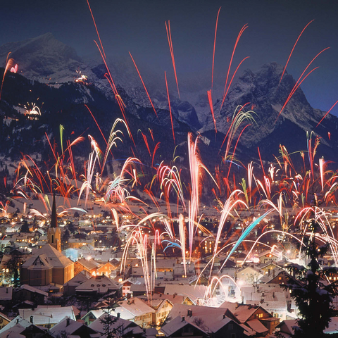 Feuerwerk über Garmisch-Partenkirchen, Oberbayern, Bayern, Deutschland 1000 Puzzle 3D Modell