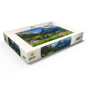Bergdorf Grindelwald gegen Fiescherhorn (4049m) und Eiger (3970m), Berner Oberland 1000 Puzzle Schachtel Ansicht1