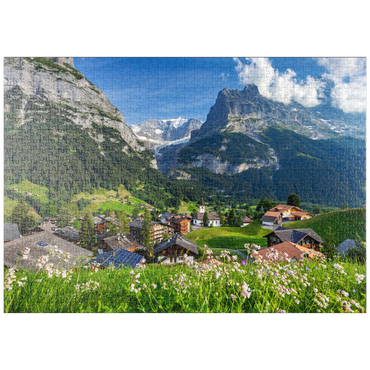 puzzleplate Bergdorf Grindelwald gegen Fiescherhorn (4049m) und Eiger (3970m), Berner Oberland 1000 Puzzle