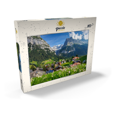 Bergdorf Grindelwald gegen Fiescherhorn (4049m) und Eiger (3970m), Berner Oberland 100 Puzzle Schachtel Ansicht2
