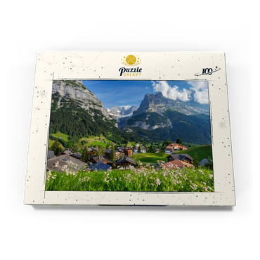 Bergdorf Grindelwald gegen Fiescherhorn (4049m) und Eiger (3970m), Berner Oberland 100 Puzzle Schachtel Ansicht3