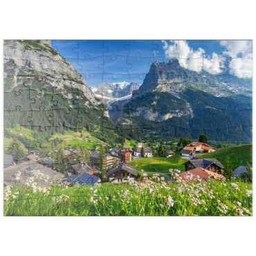 puzzleplate Bergdorf Grindelwald gegen Fiescherhorn (4049m) und Eiger (3970m), Berner Oberland 100 Puzzle