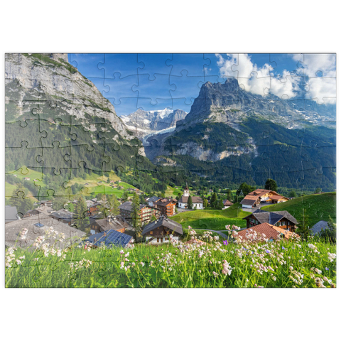 puzzleplate Bergdorf Grindelwald gegen Fiescherhorn (4049m) und Eiger (3970m), Berner Oberland 100 Puzzle