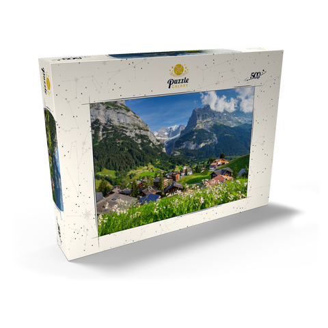 Bergdorf Grindelwald gegen Fiescherhorn (4049m) und Eiger (3970m), Berner Oberland 500 Puzzle Schachtel Ansicht2