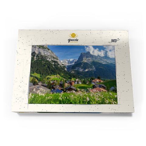 Bergdorf Grindelwald gegen Fiescherhorn (4049m) und Eiger (3970m), Berner Oberland 500 Puzzle Schachtel Ansicht3