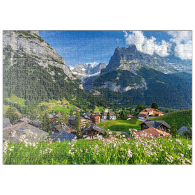 Darstellung des Puzzle-Motivs Bergdorf Grindelwald gegen Fiescherhorn und Eiger, Berner Oberland – Puzzleteile: 500