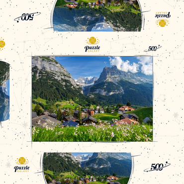 Bergdorf Grindelwald gegen Fiescherhorn (4049m) und Eiger (3970m), Berner Oberland 500 Puzzle Schachtel 3D Modell