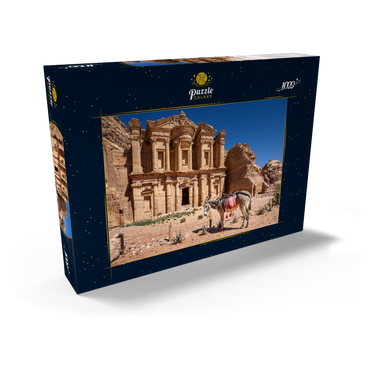 Esel vor dem Monastery Ad-Deir (Al-Deir, El-Deir, Ed-Deir), antike Felsenstadt Petra, Jordanien 1000 Puzzle Schachtel Ansicht2