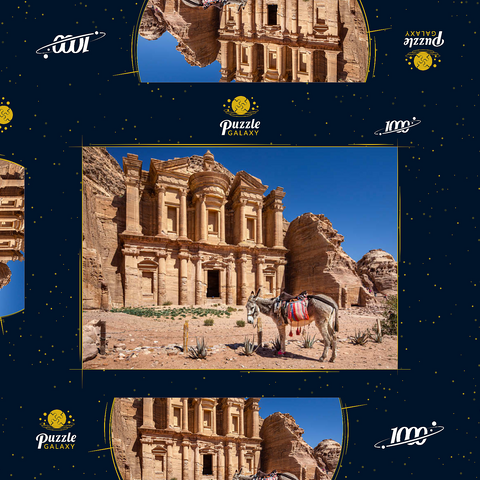 Esel vor dem Monastery Ad-Deir (Al-Deir, El-Deir, Ed-Deir), antike Felsenstadt Petra, Jordanien 1000 Puzzle Schachtel 3D Modell