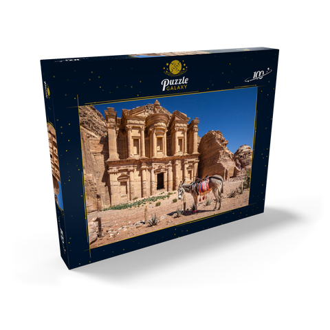 Esel vor dem Monastery Ad-Deir (Al-Deir, El-Deir, Ed-Deir), antike Felsenstadt Petra, Jordanien 100 Puzzle Schachtel Ansicht2