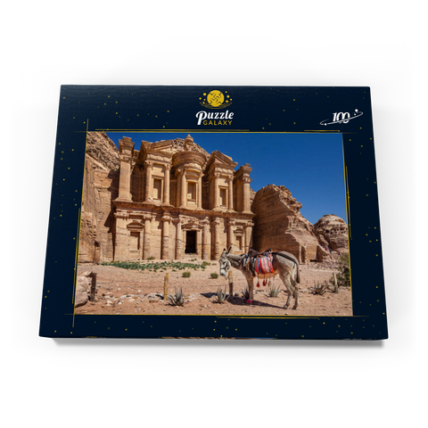 Esel vor dem Monastery Ad-Deir (Al-Deir, El-Deir, Ed-Deir), antike Felsenstadt Petra, Jordanien 100 Puzzle Schachtel Ansicht3