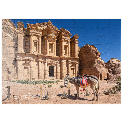 puzzleplate Esel vor dem Monastery Ad-Deir (Al-Deir, El-Deir, Ed-Deir), antike Felsenstadt Petra, Jordanien 100 Puzzle