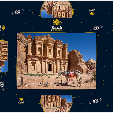Esel vor dem Monastery Ad-Deir (Al-Deir, El-Deir, Ed-Deir), antike Felsenstadt Petra, Jordanien 100 Puzzle Schachtel 3D Modell