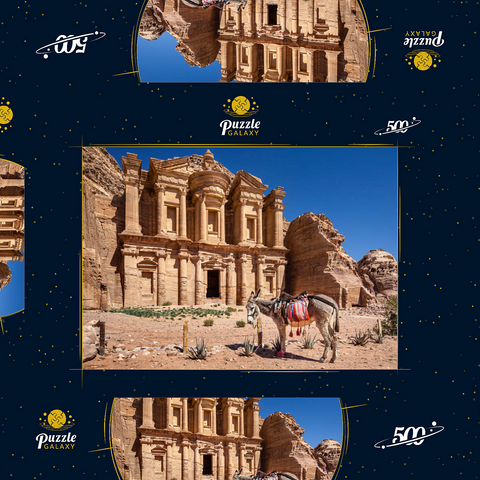 Esel vor dem Monastery Ad-Deir (Al-Deir, El-Deir, Ed-Deir), antike Felsenstadt Petra, Jordanien 500 Puzzle Schachtel 3D Modell