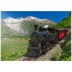 Darstellung des Puzzle-Motivs Dampfzug von Muttbach-Belvedere nach Gletsch (1762m) – Puzzleteile: 1000