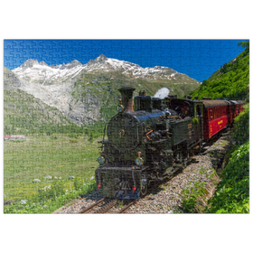 Darstellung des Puzzle-Motivs Dampfzug von Muttbach-Belvedere nach Gletsch (1762m) – Puzzleteile: 500
