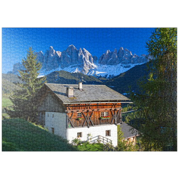 puzzleplate Bauernhaus mit Blick zur Geislergruppe (3025m), Naturpark Puez-Geisler, Villnösstal, Italien 1000 Puzzle