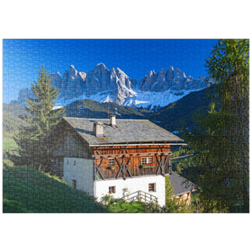 Darstellung des Puzzle Motivs Bauernhaus mit Blick zur Geislergruppe, Naturpark Puez-Geisler - Puzzleteile: 1000