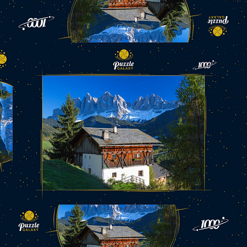 Bauernhaus mit Blick zur Geislergruppe (3025m), Naturpark Puez-Geisler, Villnösstal, Italien 1000 Puzzle Schachtel 3D Modell