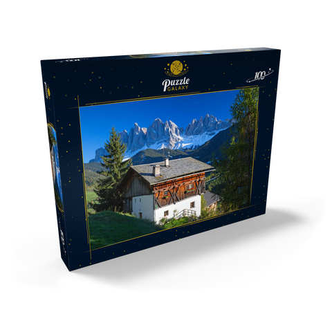 Bauernhaus mit Blick zur Geislergruppe (3025m), Naturpark Puez-Geisler, Villnösstal, Italien 100 Puzzle Schachtel Ansicht2