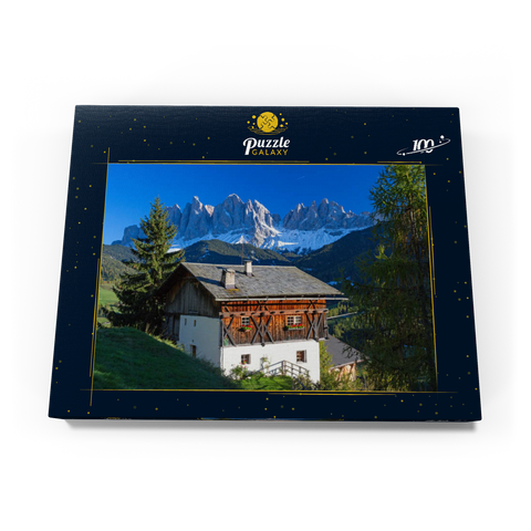 Bauernhaus mit Blick zur Geislergruppe (3025m), Naturpark Puez-Geisler, Villnösstal, Italien 100 Puzzle Schachtel Ansicht3